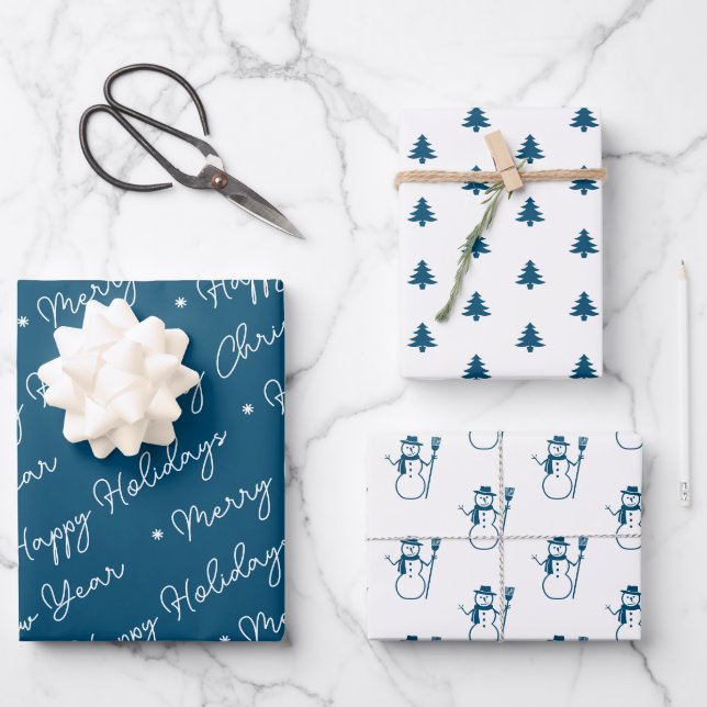 Cute Modern Blue Snowman Christmas Trees Script Wrapping Paper Sheets (Front)