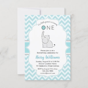 Cute Modern Blue White Elephant 1st Birthday Party Invitation