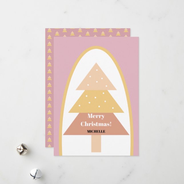 Cute Modern Blush Holiday Tree  Card (Front/Back In Situ)