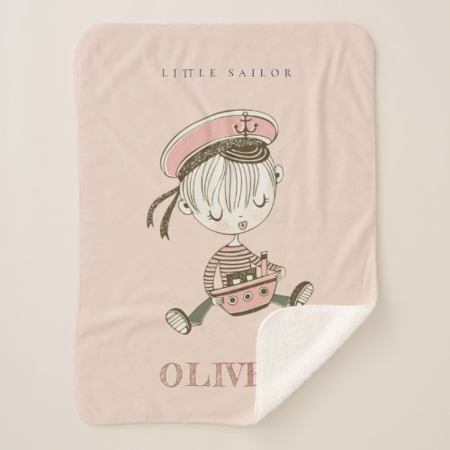 Cute Modern Blush Pink Girl Little Sailor Nautical Sherpa Blanket
