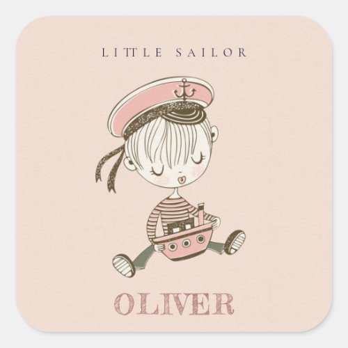 Cute Modern Blush Pink Girl Little Sailor Nautical Square Sticker
