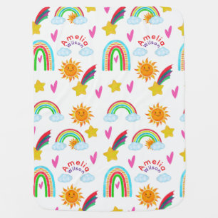 Cute Modern Boho Rainbow Sun Star Pattern Name Baby Blanket