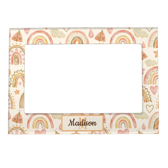 Cute Modern Boho Rainbows Pattern Monogram Name Magnetic Frame (Front)