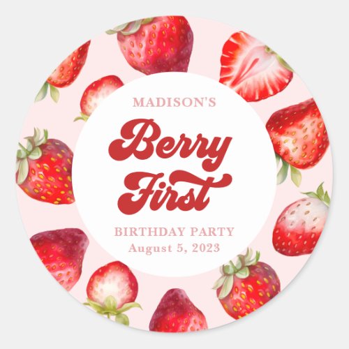Cute Modern Boho Strawberry Berry 1st Birthday  Classic Round Sticker