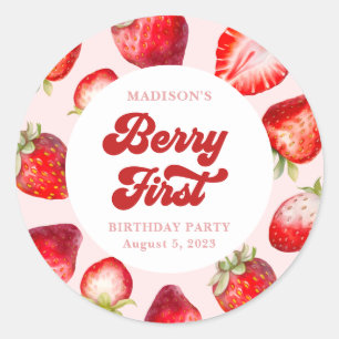 Cute Modern Boho Strawberry Berry 1st Birthday Classic Round Sticker