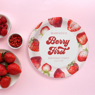 Cute Modern Boho Strawberry Berry 1st Birthday  Paper Plates