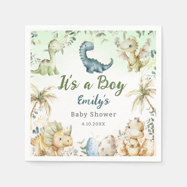 Cute Modern Boho Watercolor Dinosaur Greenery Boy  Napkins (Front)