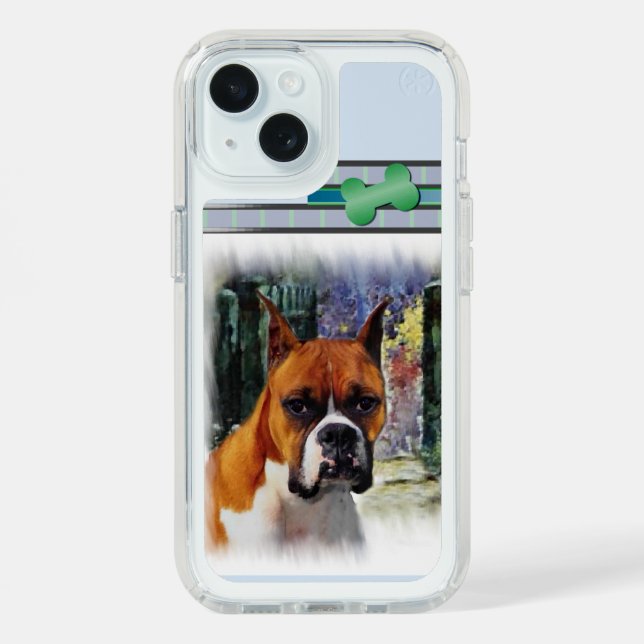 Cute Modern Boxer Dog Art Speck iPhone Case (Front (Blue))