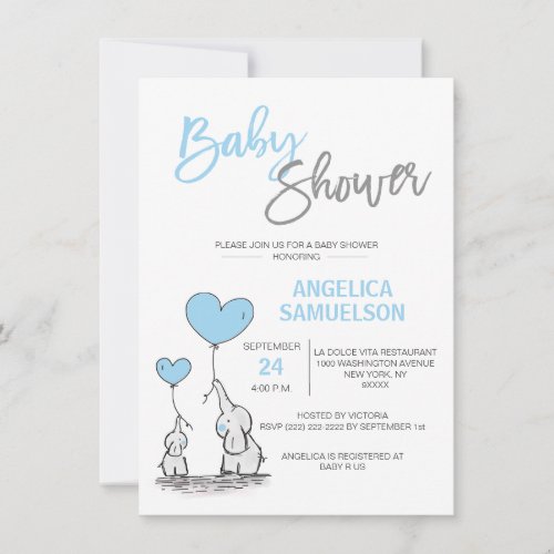 Cute Modern BOY Blue Mommy Elephant  Baby Shower Invitation