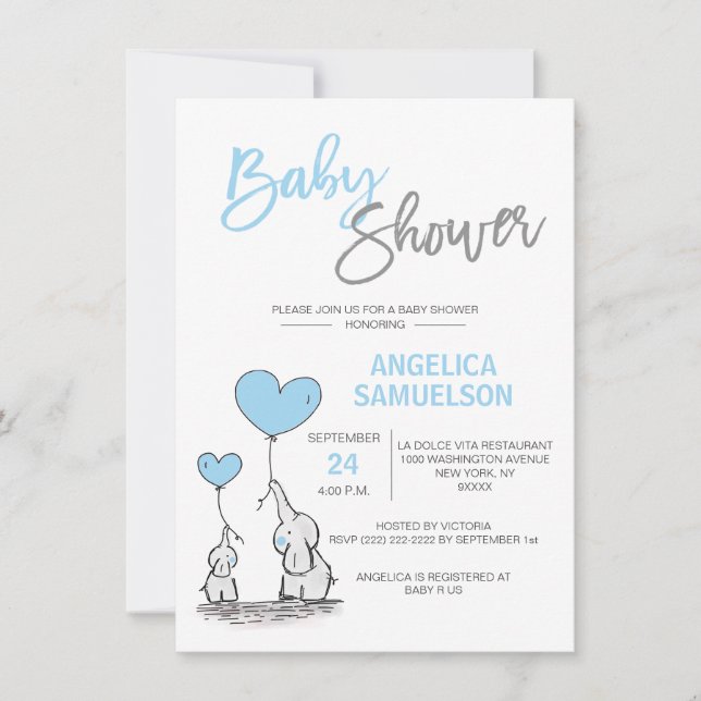 Cute Modern BOY Blue Mommy Elephant & Baby Shower Invitation (Front)