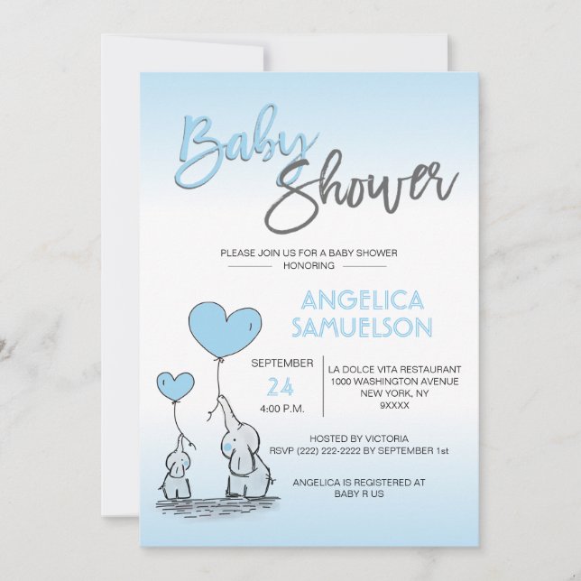 Cute Modern BOY Blue Mommy Elephant & Baby Shower Invitation (Front)