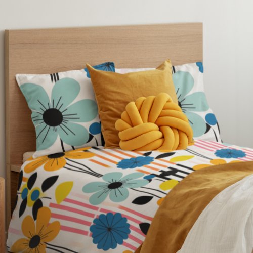 Cute Modern Bright Daisy Flower Stripe Pattern Duvet Cover