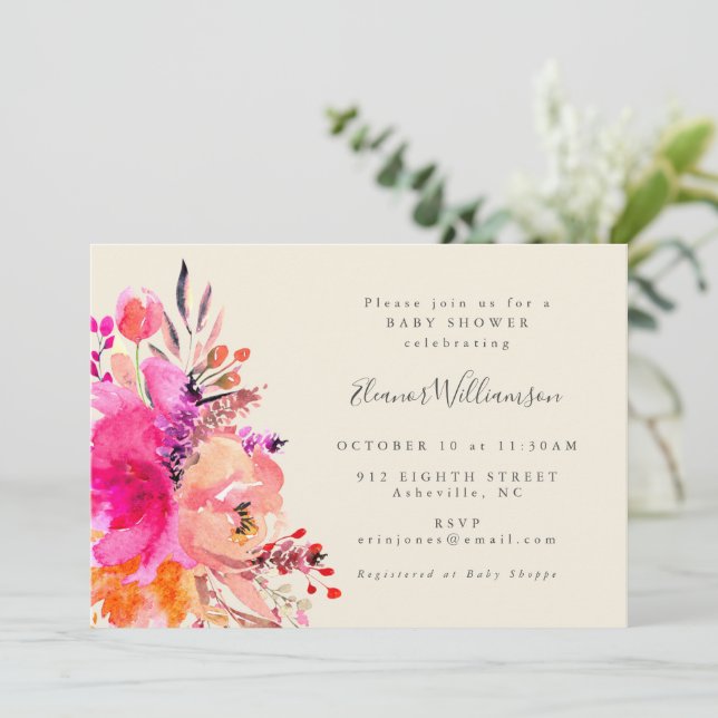 Cute Modern Bright Pink Floral Simple Baby Shower Invitation (Standing Front)