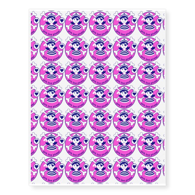 Cute Modern Bright Pink Girl Pirate Temporary Tattoos (Front)