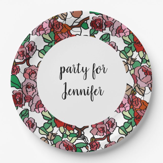Cute Modern Bright Red Flowers Paper Plates (Front)