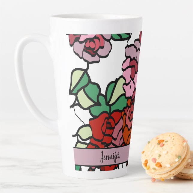 Cute Modern Bright Red Pink Flowers Latte Mug (In Situ)