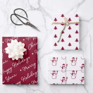 Cute Modern Burgundy Red Snowman Christmas Trees Wrapping Paper Sheets