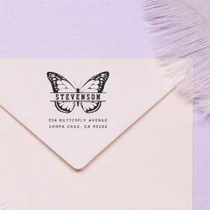Cute Modern Butterfly Last Name Return Address Rubber Stamp