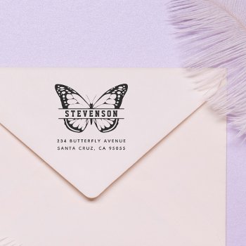 Cute Modern Butterfly Last Name Return Address Rubber Stamp by Cali_Graphics at Zazzle