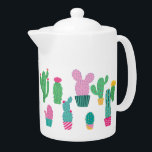 Cute Modern Cactus Illustrations Teapot<br><div class="desc">Pink and green cacti illustrations on white background,  modern and minimalist cute design.</div>