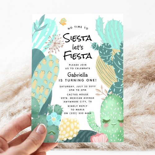 Cute Modern Cactus Lets Fiesta 1st Birthday Invitation