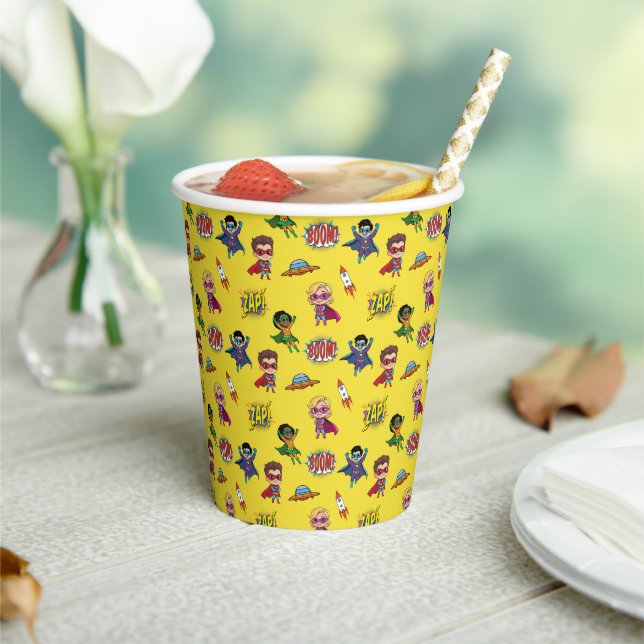 Cute Modern Cartoon Superhero Comic Yellow Pattern Paper Cups (Insitu)