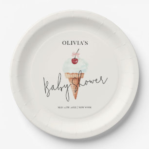 Cute Modern Cherry Scoop Ice Cream Baby Shower Paper Plates