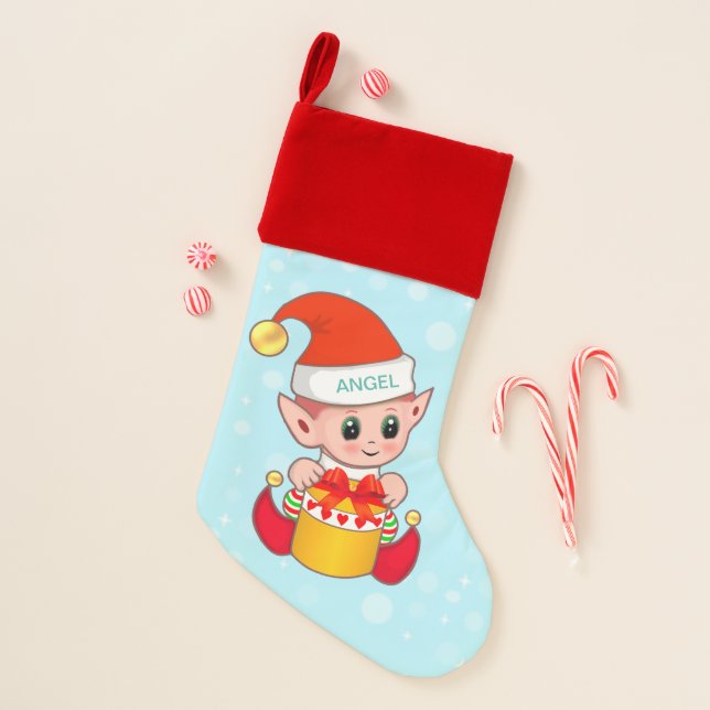 Cute modern Christmas elf on light blue Christmas Stocking (Front)