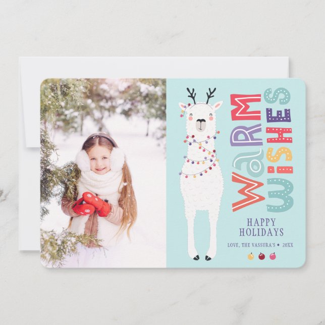 Cute Modern Christmas Llama String Lights Photo Holiday Card (Front)