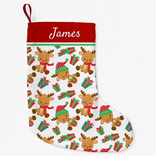 Cute Modern Christmas Reindeer Personalized Name Small Christmas Stocking (Front)