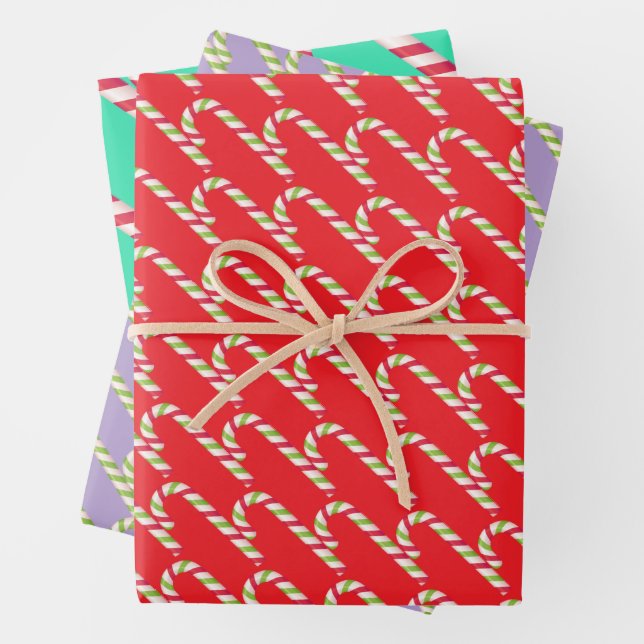 Cute Modern Classic Candy Cane Christmas Gift Wrapping Paper Sheets (In situ)