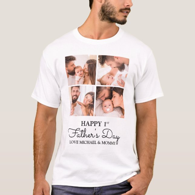Cute Modern Collage Happy First Fathers Day T-Shirt (Front)