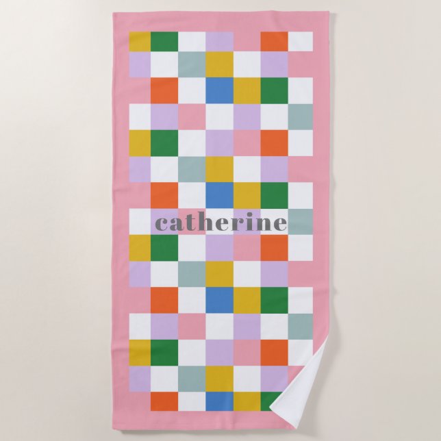 Cute Modern Colorful Checks with Name Beach Towel (Front)