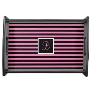 Cute Modern Custom Initial Pink and Black Striped Serving Tray