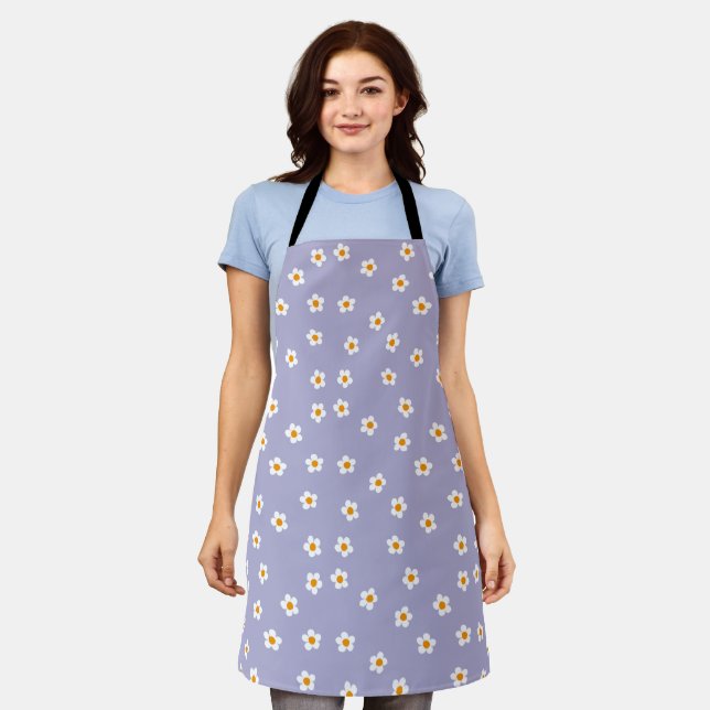 Cute Modern Daisy Floral Pattern Purple Apron (Worn)