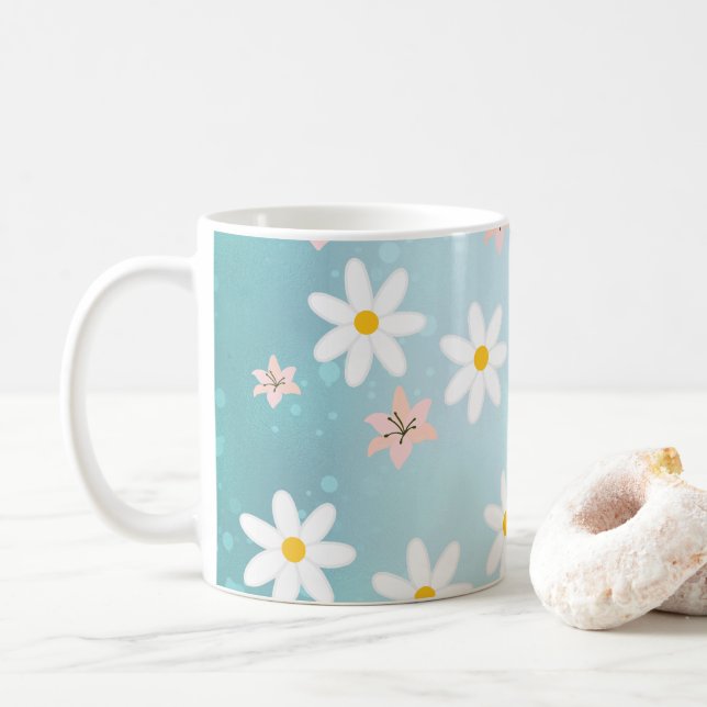 Cute Modern Daisy lily flower Rustic seamless  Coffee Mug (With Donut)