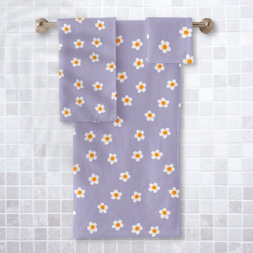 Cute Modern Daisy Pattern Purple Bath Towel Set