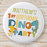 Cute Modern Dino Dinosaur Kid's Birthday Party Button<br><div class="desc">Composed of fun sans serif handwritten typography; Cute T-REX dinosaurs in the backgroud

This is designed by Select Party Supplies,  exclusive for Zazzle.

Available here:
http://www.zazzle.com/store/selectpartysupplies</div>