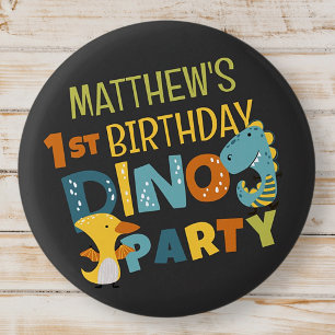 Cute Modern Dino Dinosaur Kid's Birthday Party Button