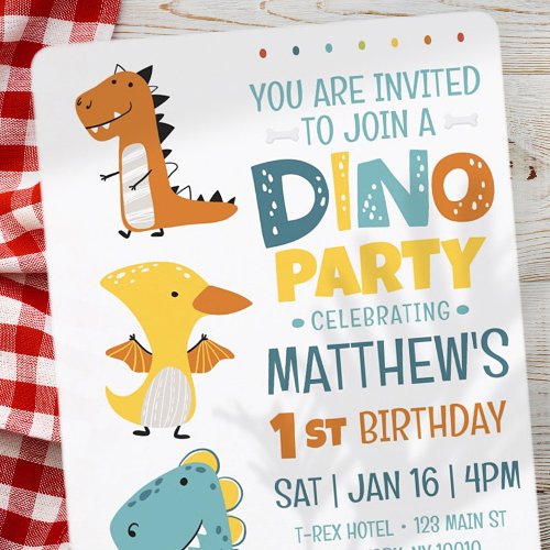 Cute Modern Dino Dinosaur Kids Birthday Party Invitation