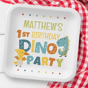 Cute Modern Dino Dinosaur Kid's Birthday Party Paper Plates