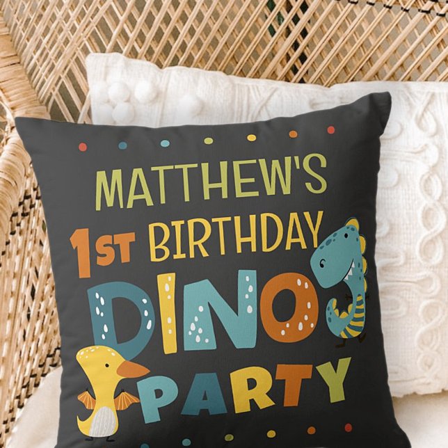 Cute Modern Dino Dinosaur Kid's Birthday Party Throw Pillow (Creator Uploaded)