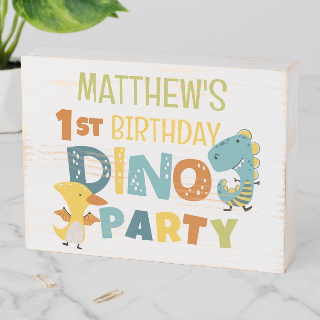 Cute Modern Dino Dinosaur Kid's Birthday Party Wooden Box Sign (In Situ Horizontal)