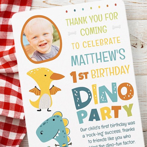 Cute Modern Dinosaur Kids Photo Birthday Party Thank You Card