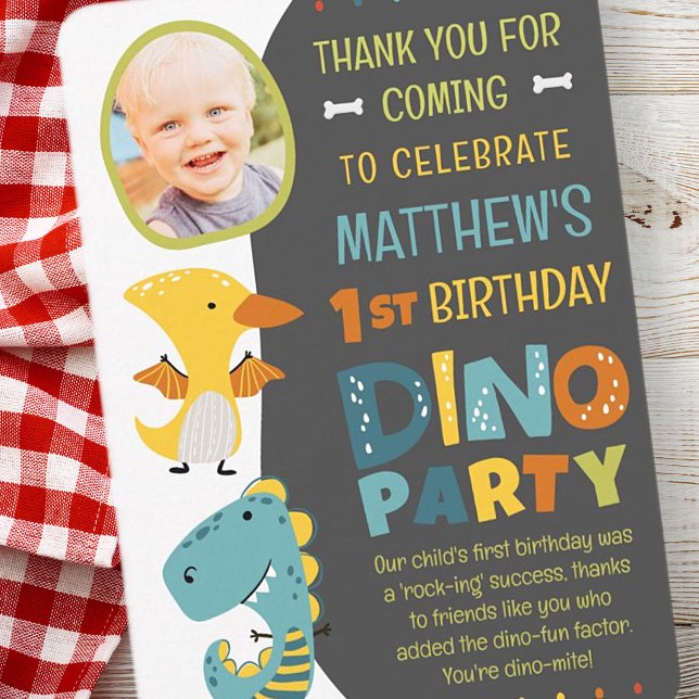 Cute Modern Dinosaur Kid's Photo Birthday Party Thank You Card (Creator Uploaded)