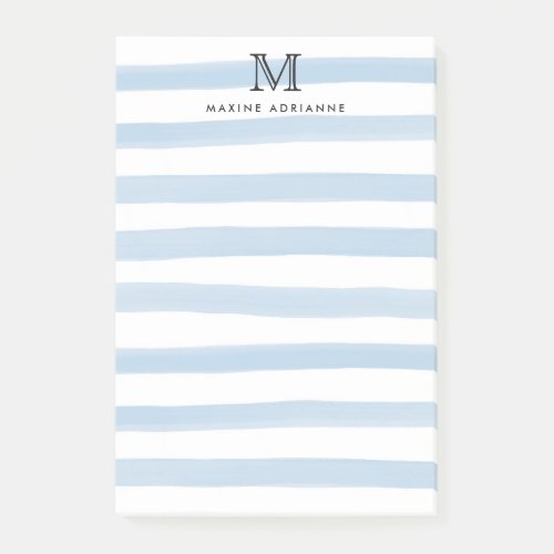 Cute Modern Dusty Blue Watercolor Stripes Monogram Post_it Notes