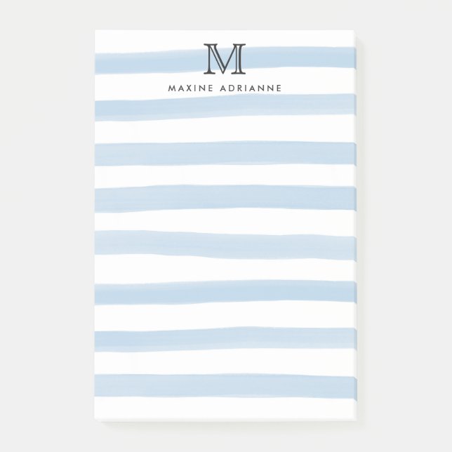 Cute Modern Dusty Blue Watercolor Stripes Monogram Post-it Notes (Front)