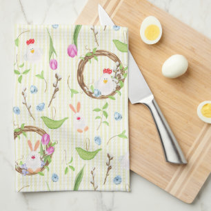 Cute Modern Easter Bunny Chick Floral Pattern Kitchen Towel
