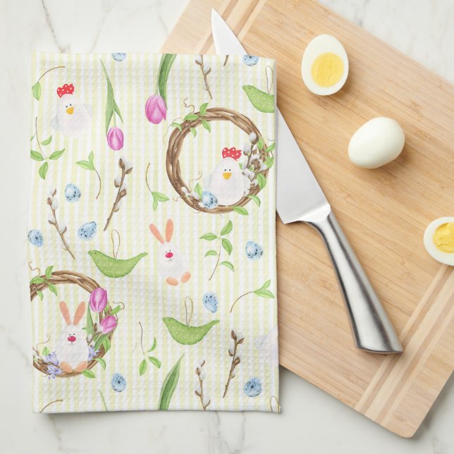 Cute Modern Easter Bunny Chick Floral Pattern Kitchen Towel (Quarter Fold)