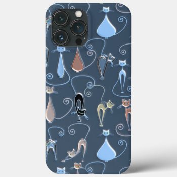 Cute Modern Elegant Funky Cats Pattern On Blue Iphone 13 Pro Max Case by CaseConceptCreations at Zazzle